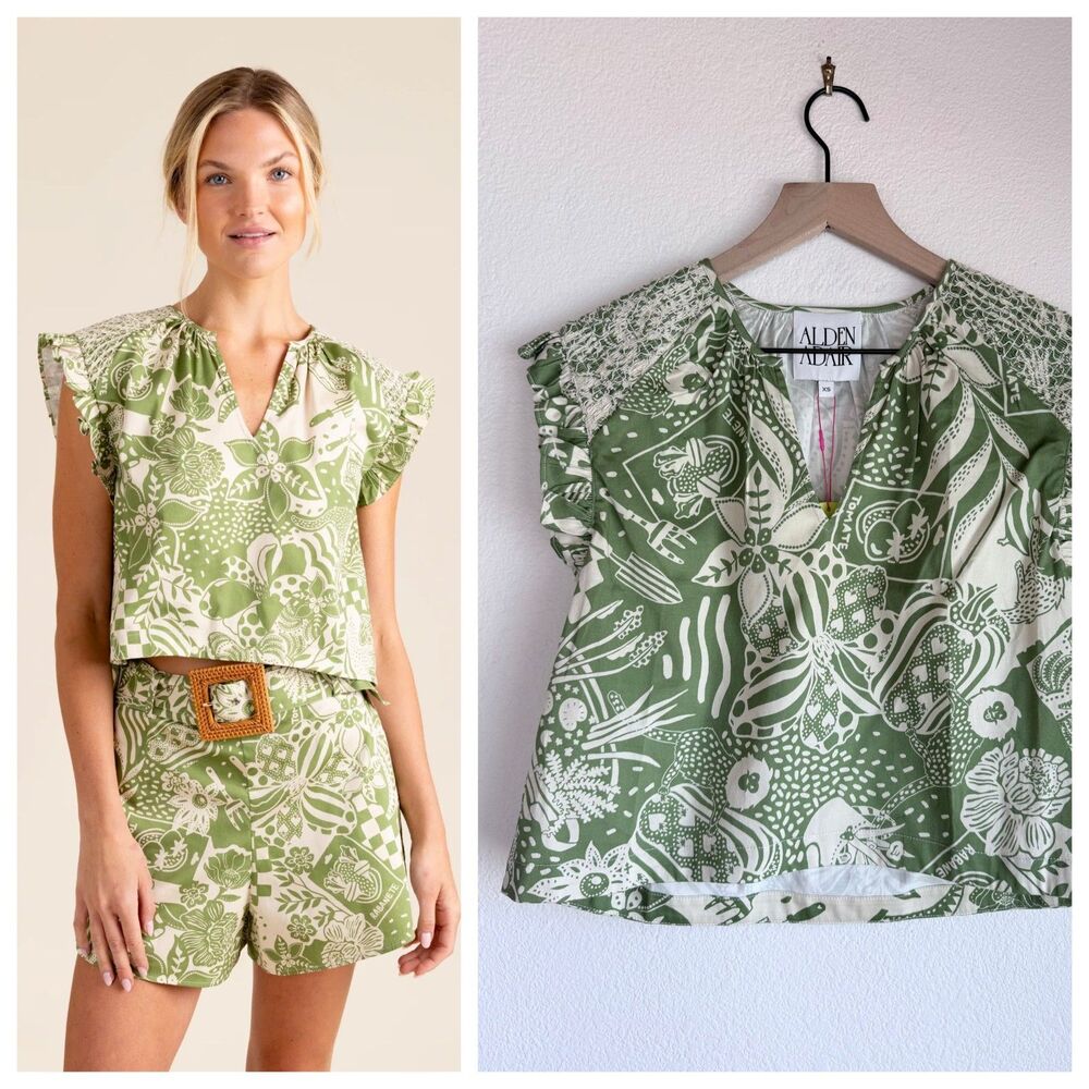 NEW Alden Adair Gigi Cap Sleeve V-Neck Boxy Blouse in Picnic Green Size XS